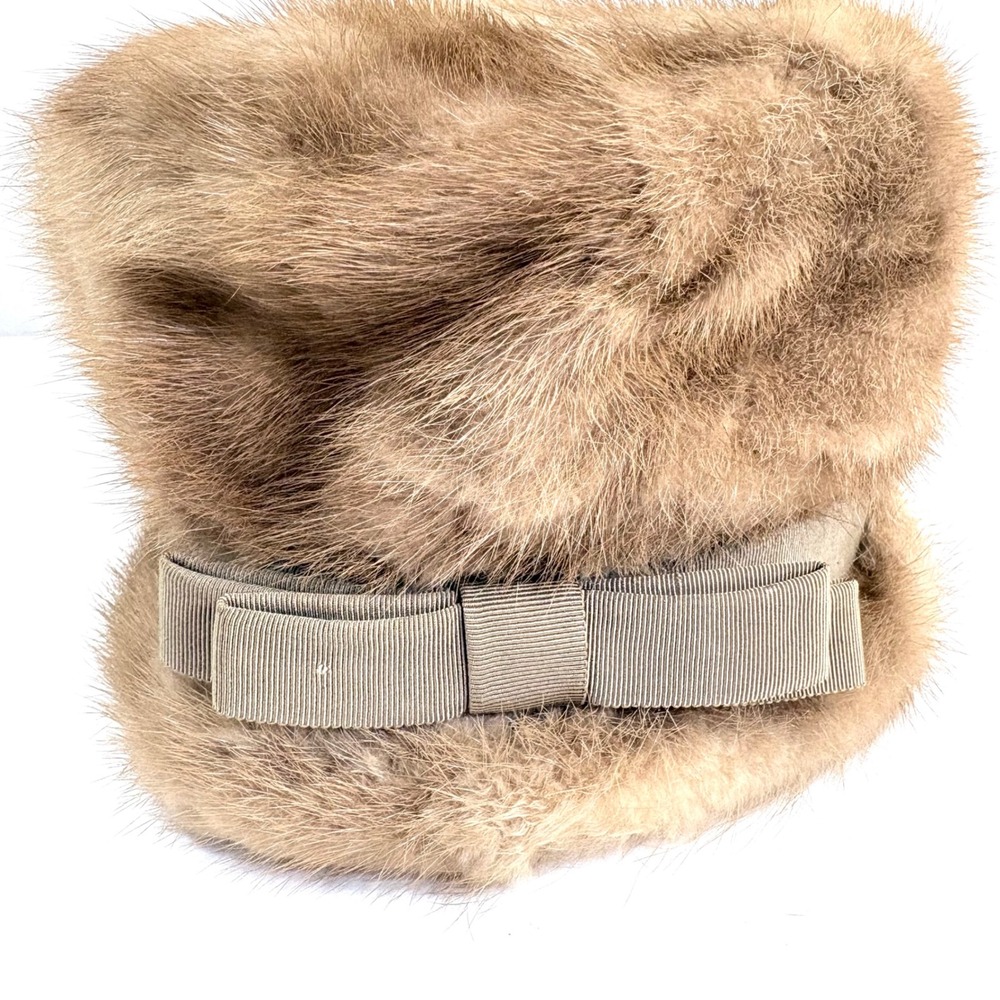 Vintage Mink Fur Pillbox Hat Tan Brown Grosgrain Ribbon Bow Accent Glam Siz Sm‎